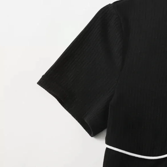 SHEIN Black Ribbed Tee with White Curved Detail - Picture 2 of 3